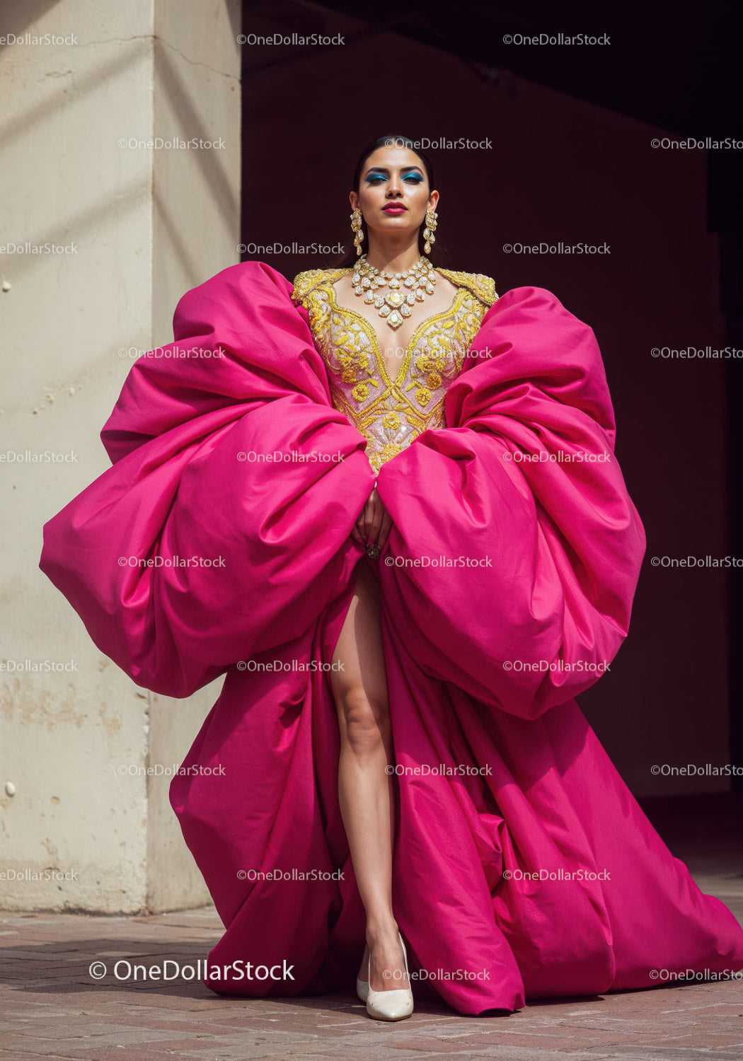 Fashion Model in Vibrant Pink and Yellow Flowing Gown