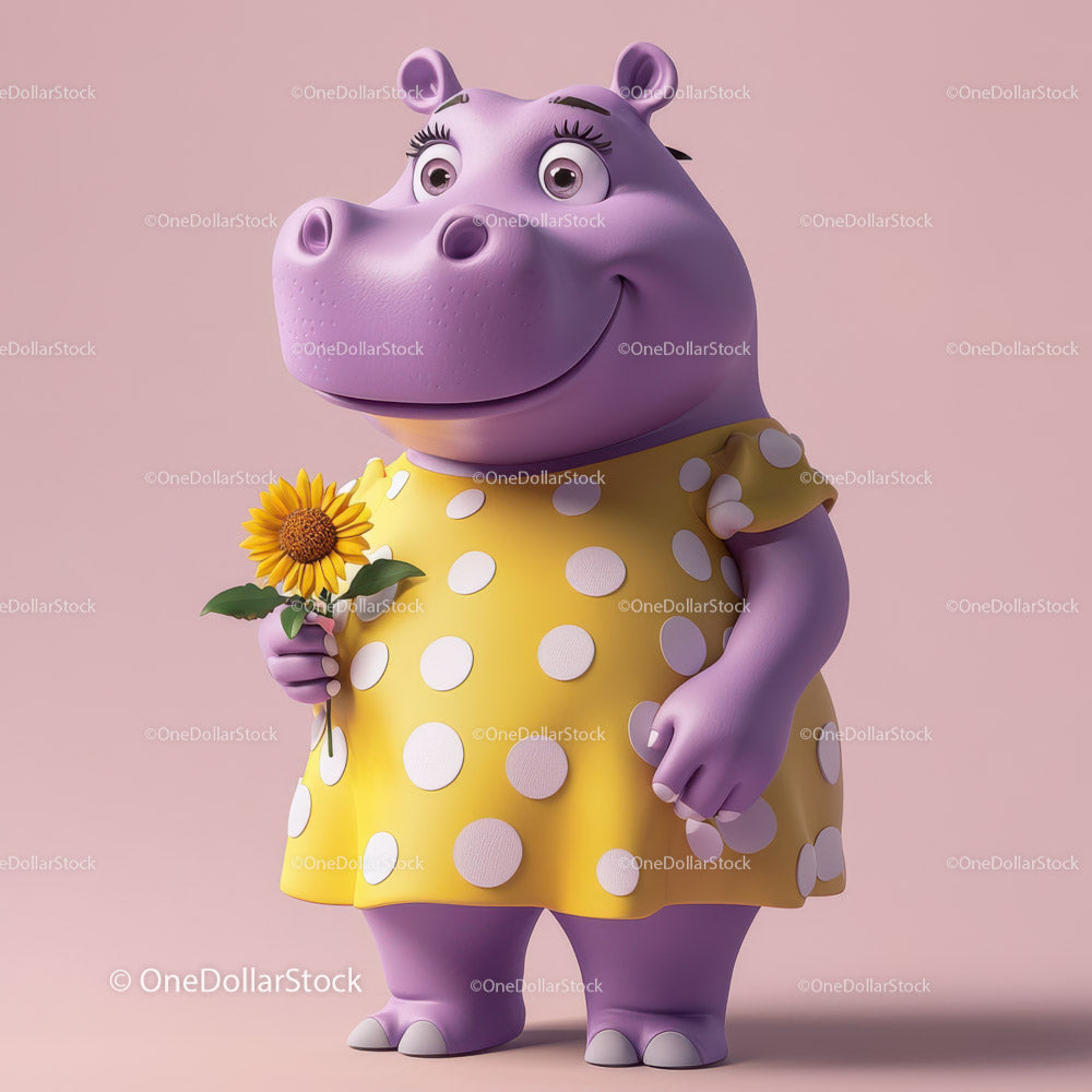 Cute Cartoon Hippo Holding Sunflower in Yellow Dress for Kids Illustration