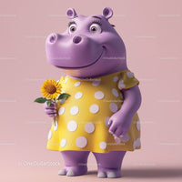 Cute Cartoon Hippo Holding Sunflower in Yellow Dress for Kids Illustration