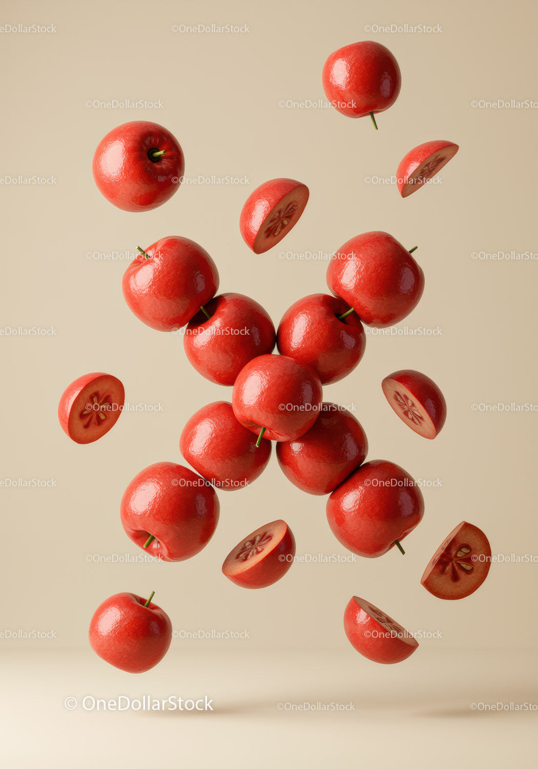 Fresh red apples and slices floating in beige space