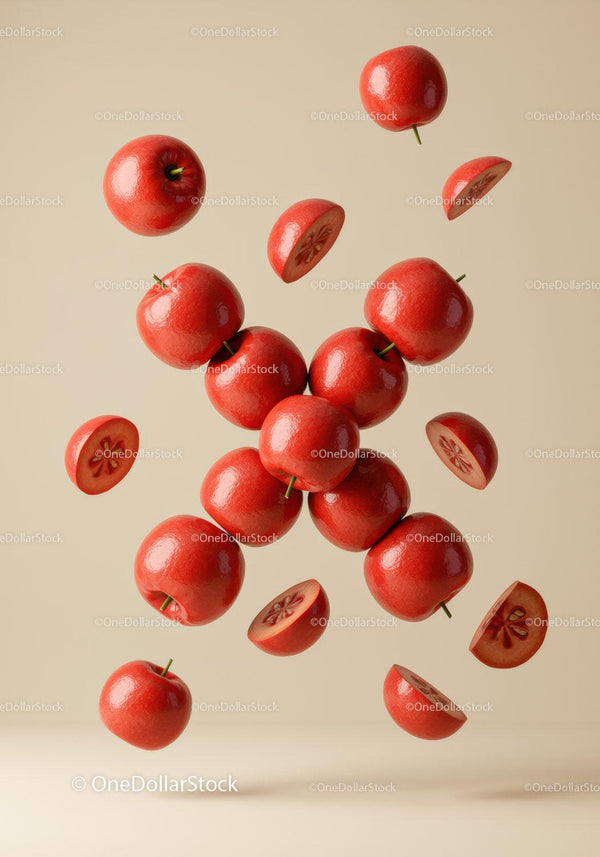 Fresh red apples and slices floating in beige space