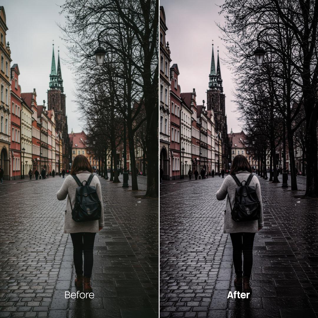color grading preview with Cinematic Streets Rain LUT Pack