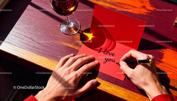 Person Writing I Love You on Red Valentine Card