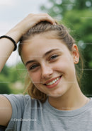 Young Girl Smiling Outdoors in Natural Light with Green Background