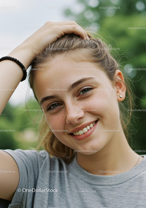 Young Girl Smiling Outdoors in Natural Light with Green Background