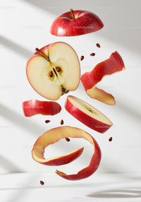 Red apple slices and peel floating with seeds