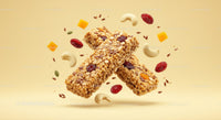 Healthy granola bars with nuts and dried fruits on beige