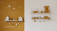 Cute Child's Room Decor with Plush Animal Figurines and Shelves