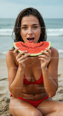 Young Woman Enjoying Watermelon at the Beach in Red Bikini