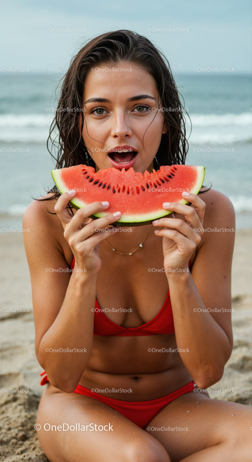 Young Woman Enjoying Watermelon at the Beach in Red Bikini