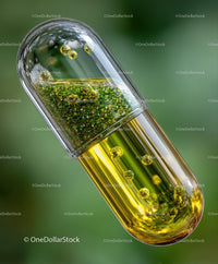 Close-up of a Gel Capsule Filled with Green Herbs and Liquid