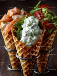 Crispy Waffle Cones with Salmon Guacamole and Cherry Tomatoes