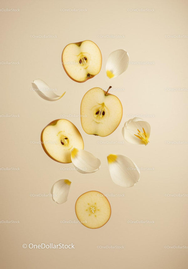 Fresh apple slices with scattered white flower petals