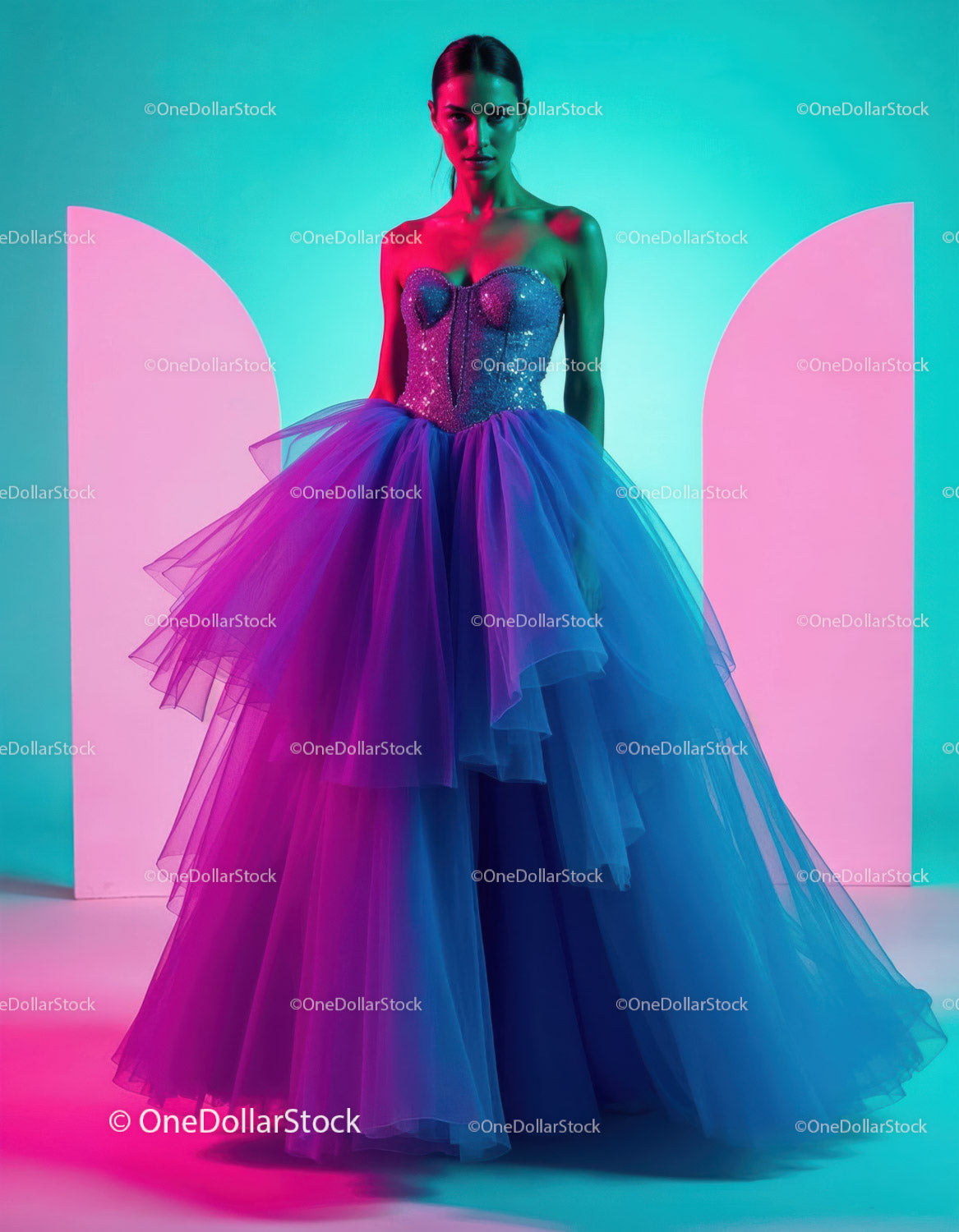 Elegant Woman in Vibrant Purple and Pink Fashion Gown in Studio