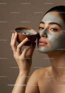 Woman with Gray Clay Facial Mask Holding Wooden Bowl in Spa Setting