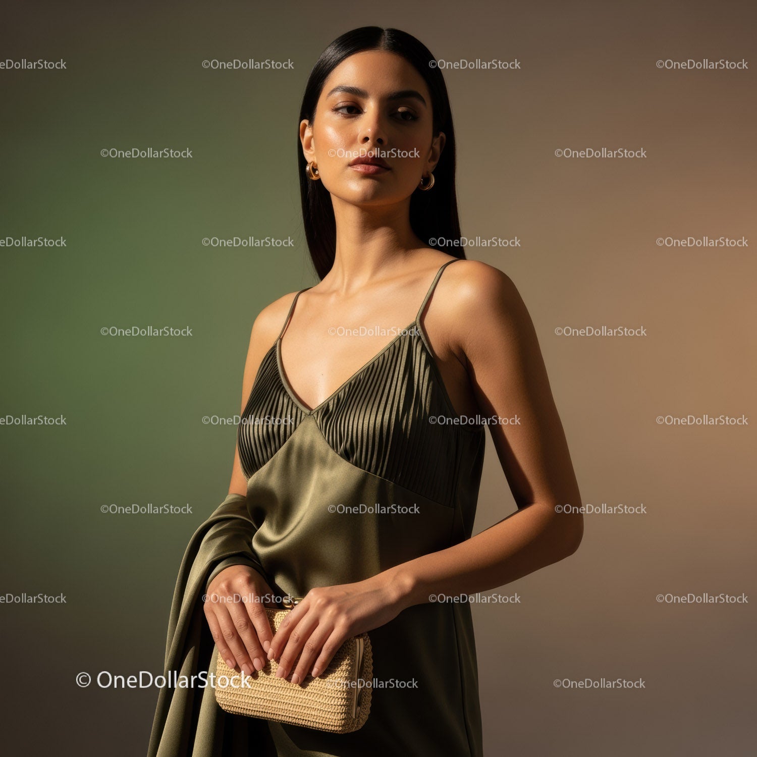 Elegant Woman in Silk Dress with Gold Jewelry and Purse