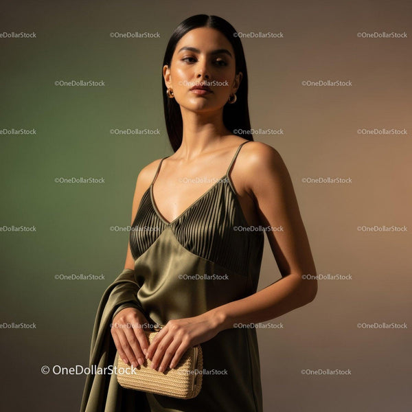 Elegant Woman in Silk Dress with Gold Jewelry and Purse