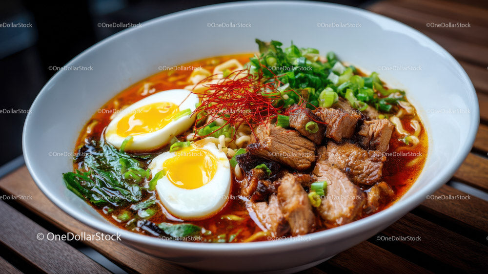Spicy Ramen Noodle Soup with Boiled Egg and Grilled Beef