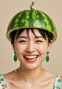 Smiling woman wearing watermelon helmet with water drops