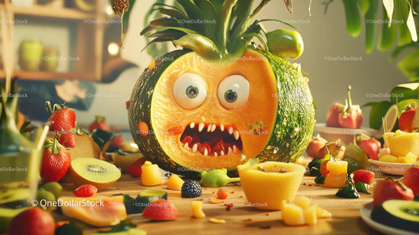 Sculpted Pumpkin With Expressive Face Among Fruit