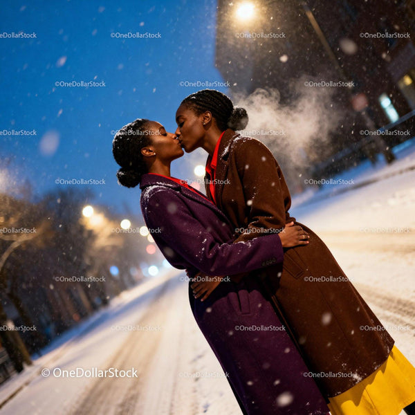 Two Women Sharing a Tender Kiss on a Snowy Night