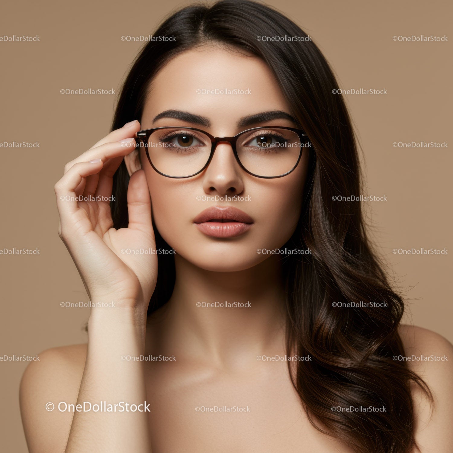 Elegant Woman Wearing Stylish Glasses with Brown Hair and Clear Skin