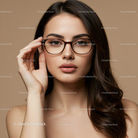 Elegant Woman Wearing Stylish Glasses with Brown Hair and Clear Skin