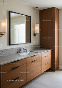 Modern Bathroom with Wooden Vanity and Elegant Lighting