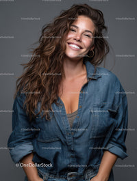 Smiling Woman in Denim Shirt with Bright Expression