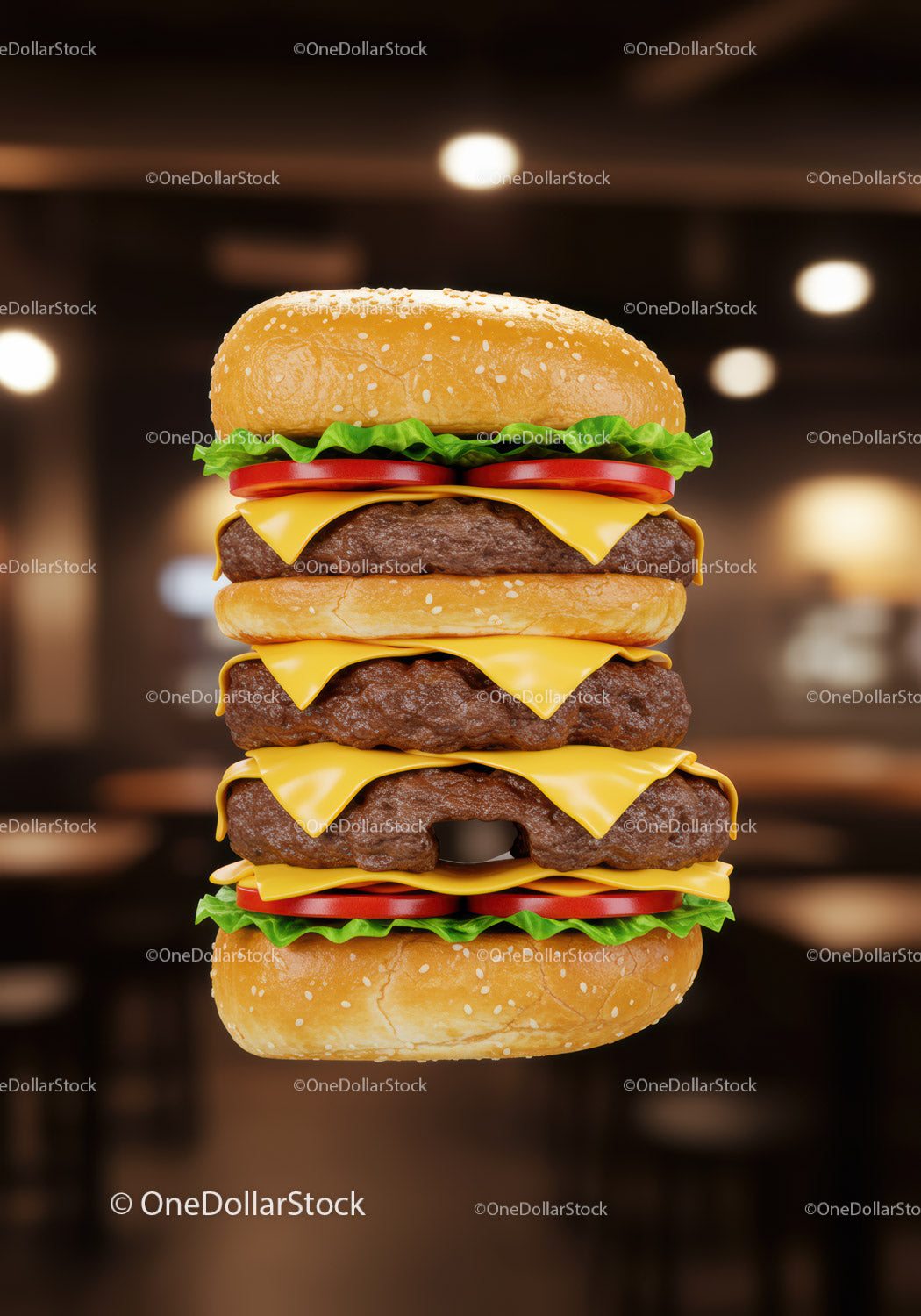Stacked Triple Cheeseburger with Fresh Lettuce and Tomato