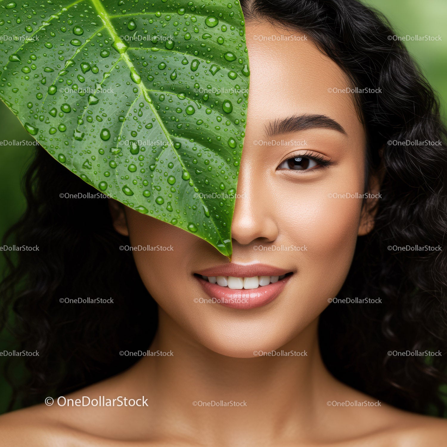 Smiling Woman with Tropical Green Leaves and Natural Skin