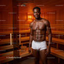 Muscular Man Standing Shirtless in Sauna Room with Wooden Interior