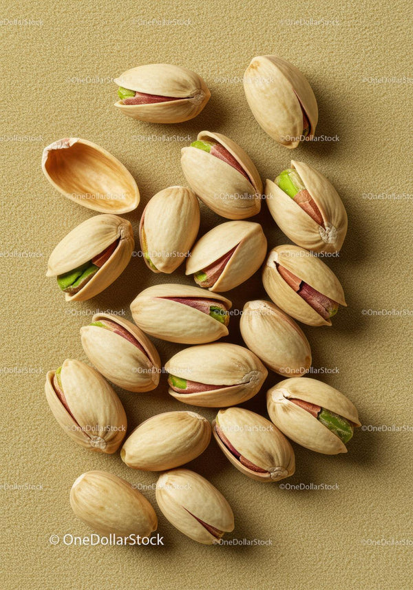 Close up of shelled pistachio nuts on textured surface