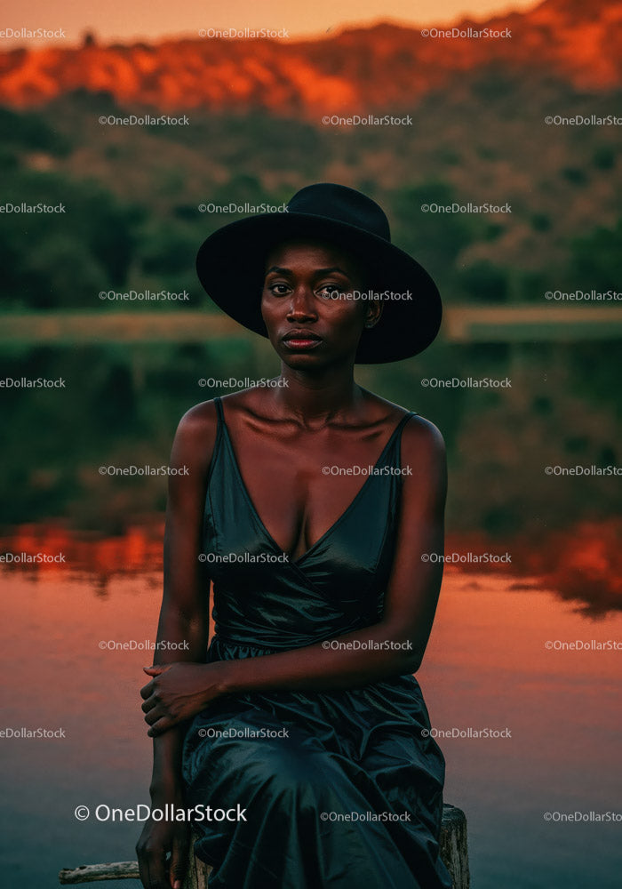 Elegant Woman in Black Dress with Sunset Lake Background