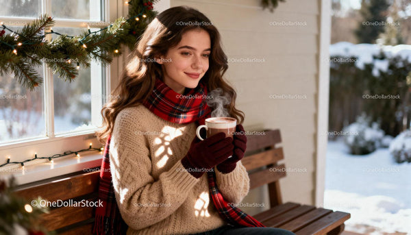 Cozy winter moment with hot drink outdoors