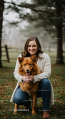 Smiling woman embracing her fluffy dog outdoors
