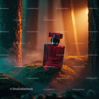 Luxury Red Perfume Bottle in Mystical Forest Scene
