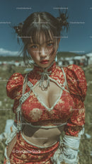 Fashion Model in Vibrant Red Traditional Dress with Outdoor Setting