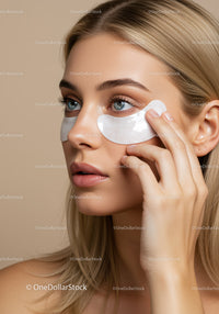 Close-up of a woman applying under eye patches for skincare treatment