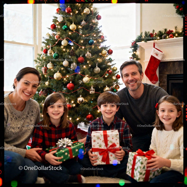 Smiling family celebrating Christmas with gifts and tree