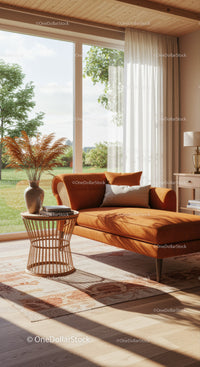 Cozy Living Room with Orange Chaise Lounge and Natural Light