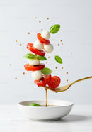 Fresh Caprese Salad Ingredients Floating on Fork