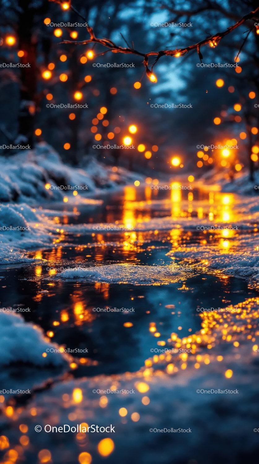 Warm Glowing Lights Reflect on Frozen Winter Path