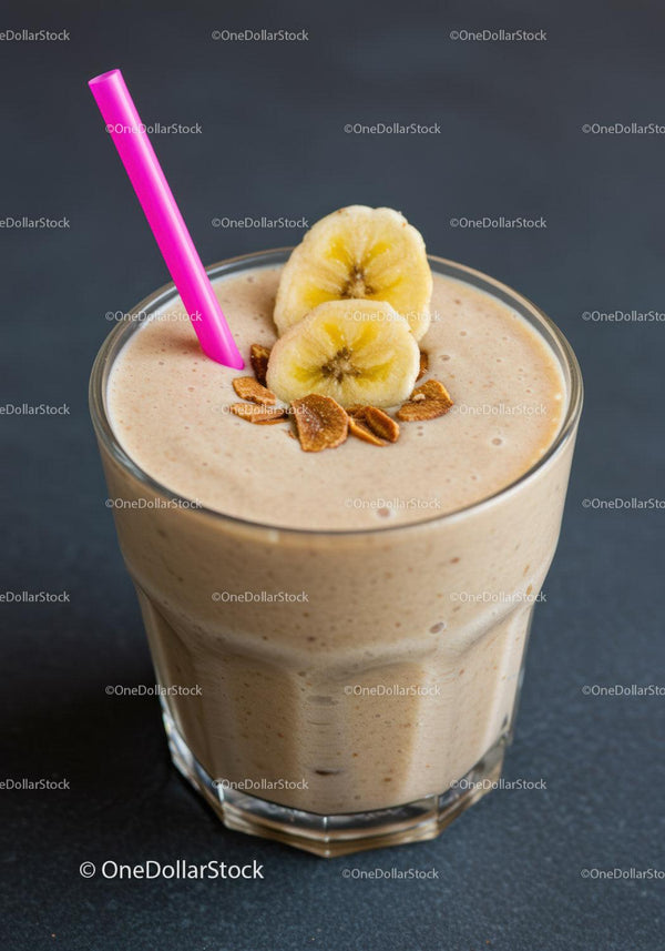 Creamy Banana Smoothie with Granola and Pink Straw