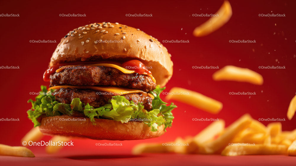 Soczysty burger wołowy z chrupiącymi frytkami na czerwonym tle