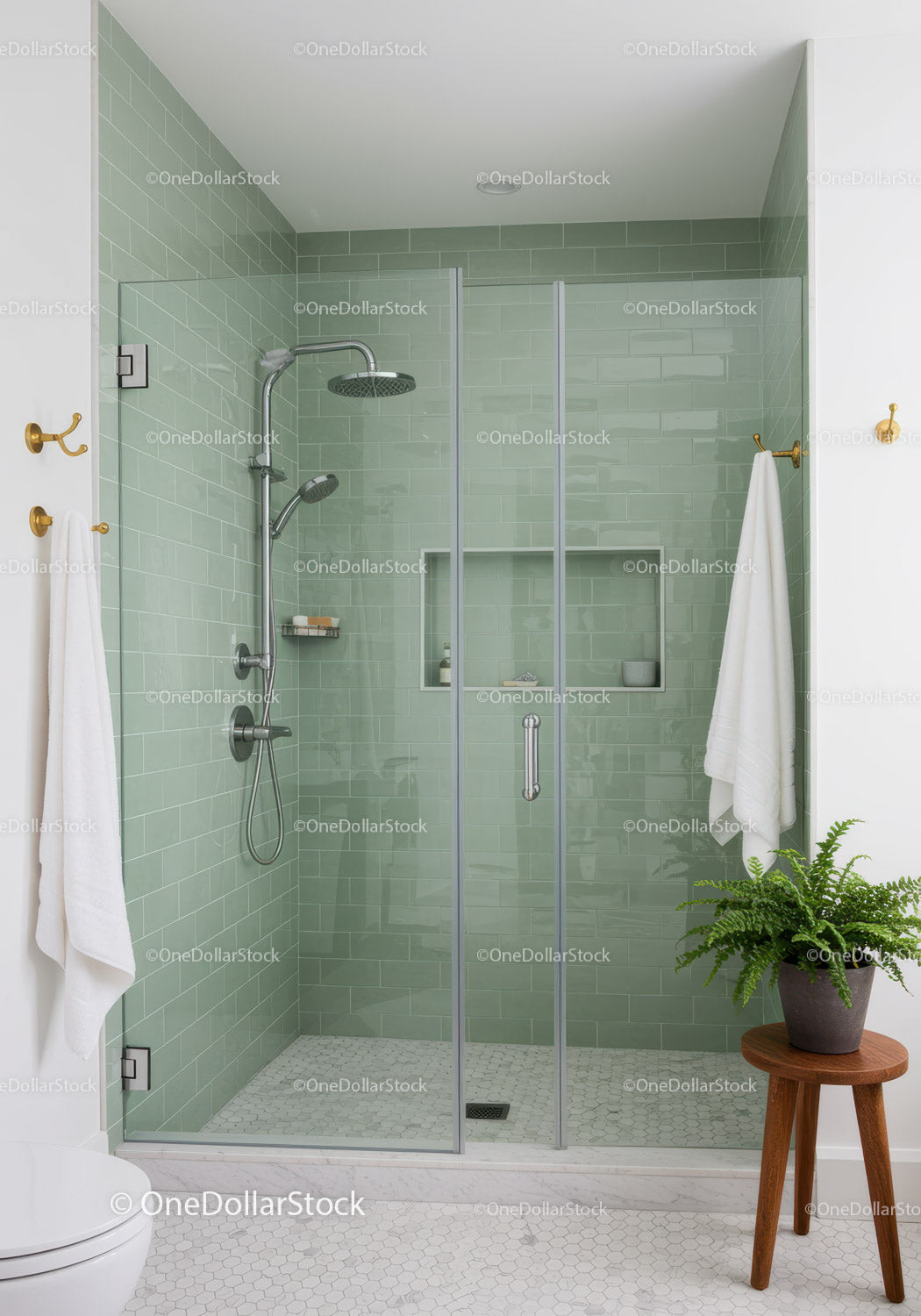 Modern Bathroom Shower with Green Tiles and Wooden Stool