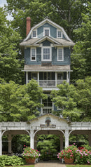 Charming vintage blue house surrounded by lush greenery