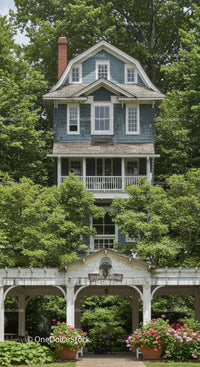 Charming vintage blue house surrounded by lush greenery
