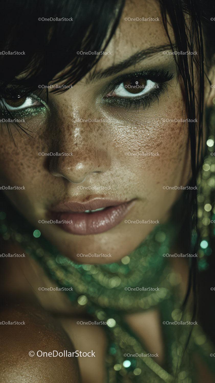 Close-Up of a Woman with Glitter Eyeshadow and Freckles in Artistic Portrait
