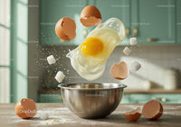 Fresh egg cracking above metal bowl in kitchen scene